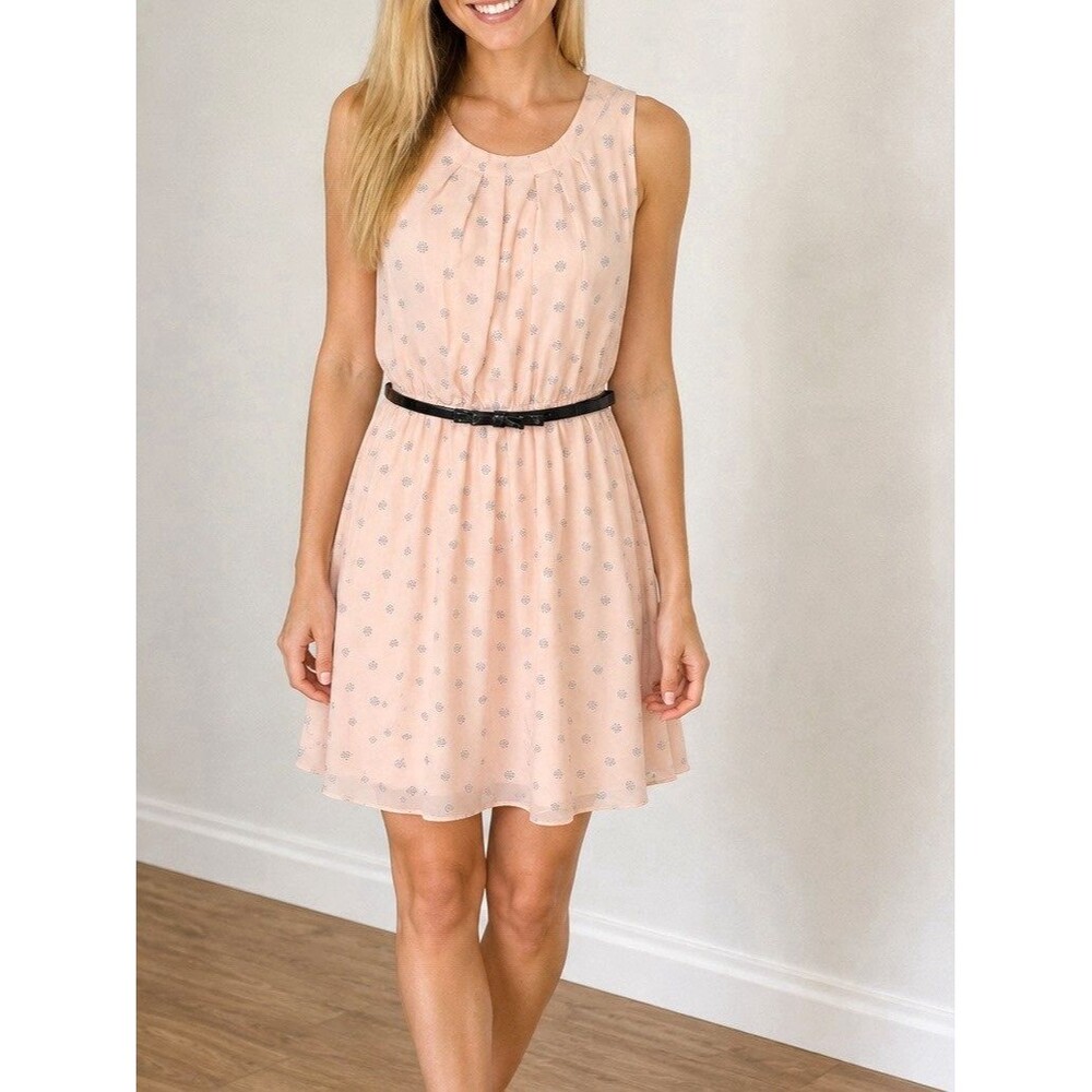 Elle Womens Soft Pink Polka Dot Sleeveless Dress w/ Black Bow Belt - Size Small